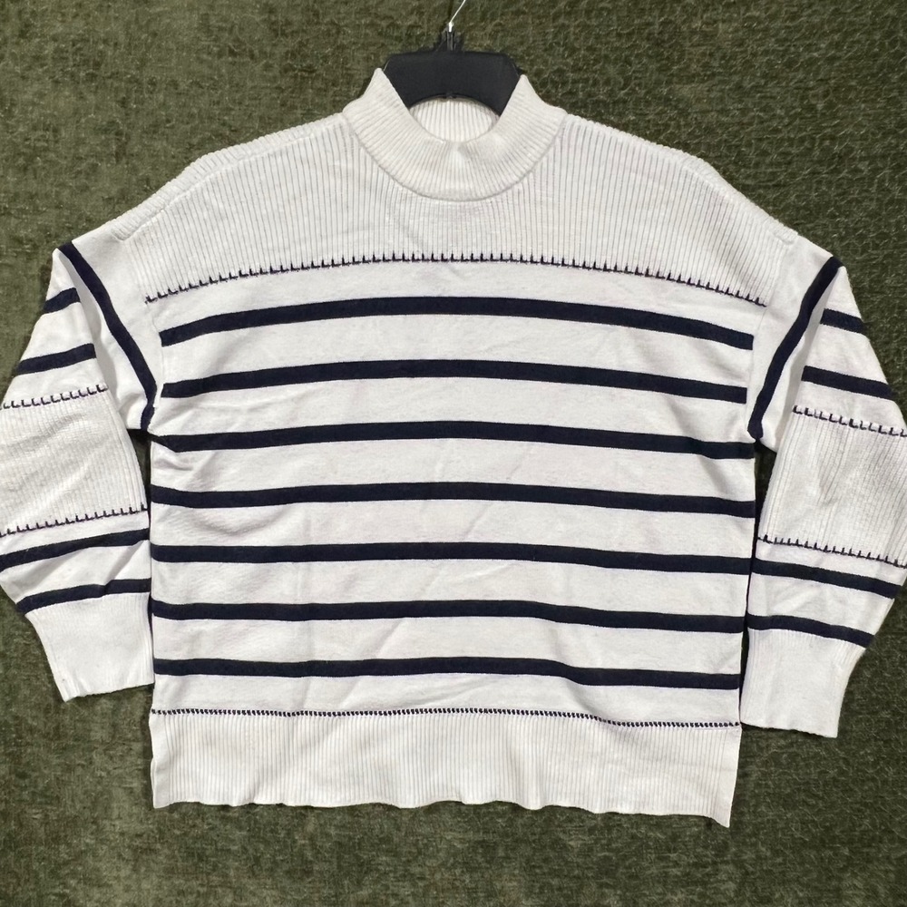 Chico's Sweater Women XL White Navy Striped Mock Neck Long Sleeve Relaxed Fit